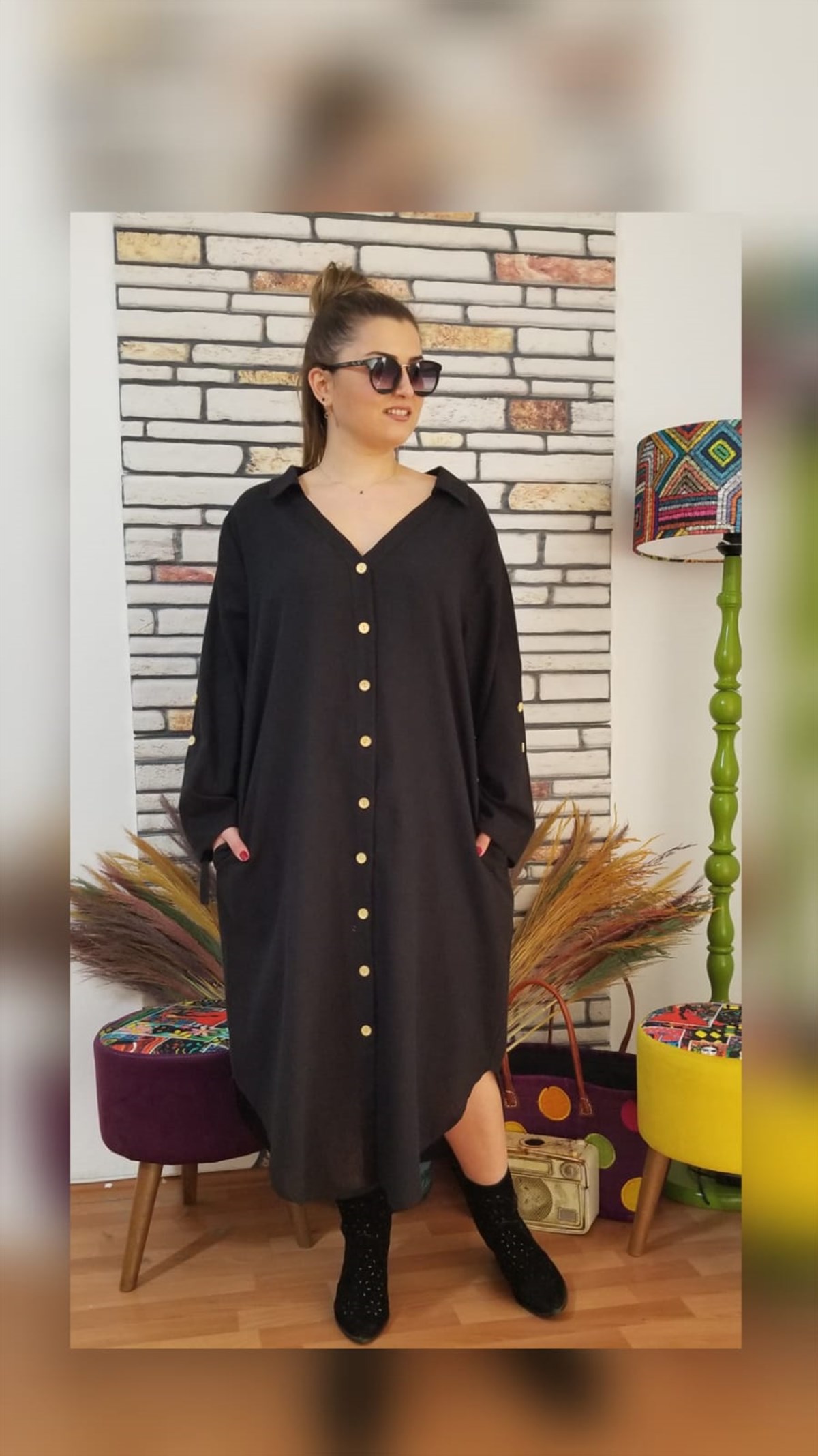 Siyah Önü Full Düğmeli Gömlek Elbise