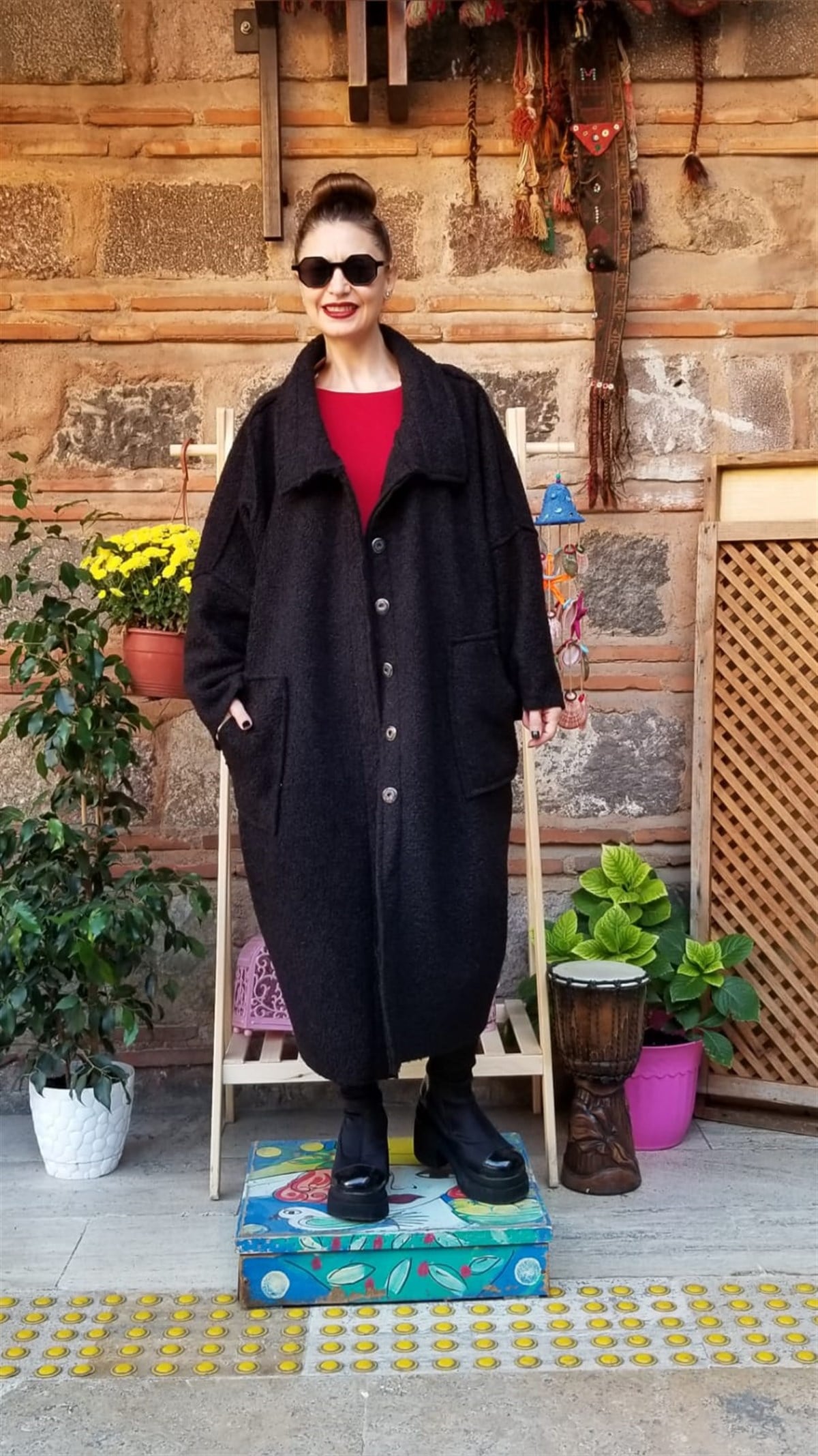 Siyah Yün Buklet İçi Polar Kaban (Oversize)