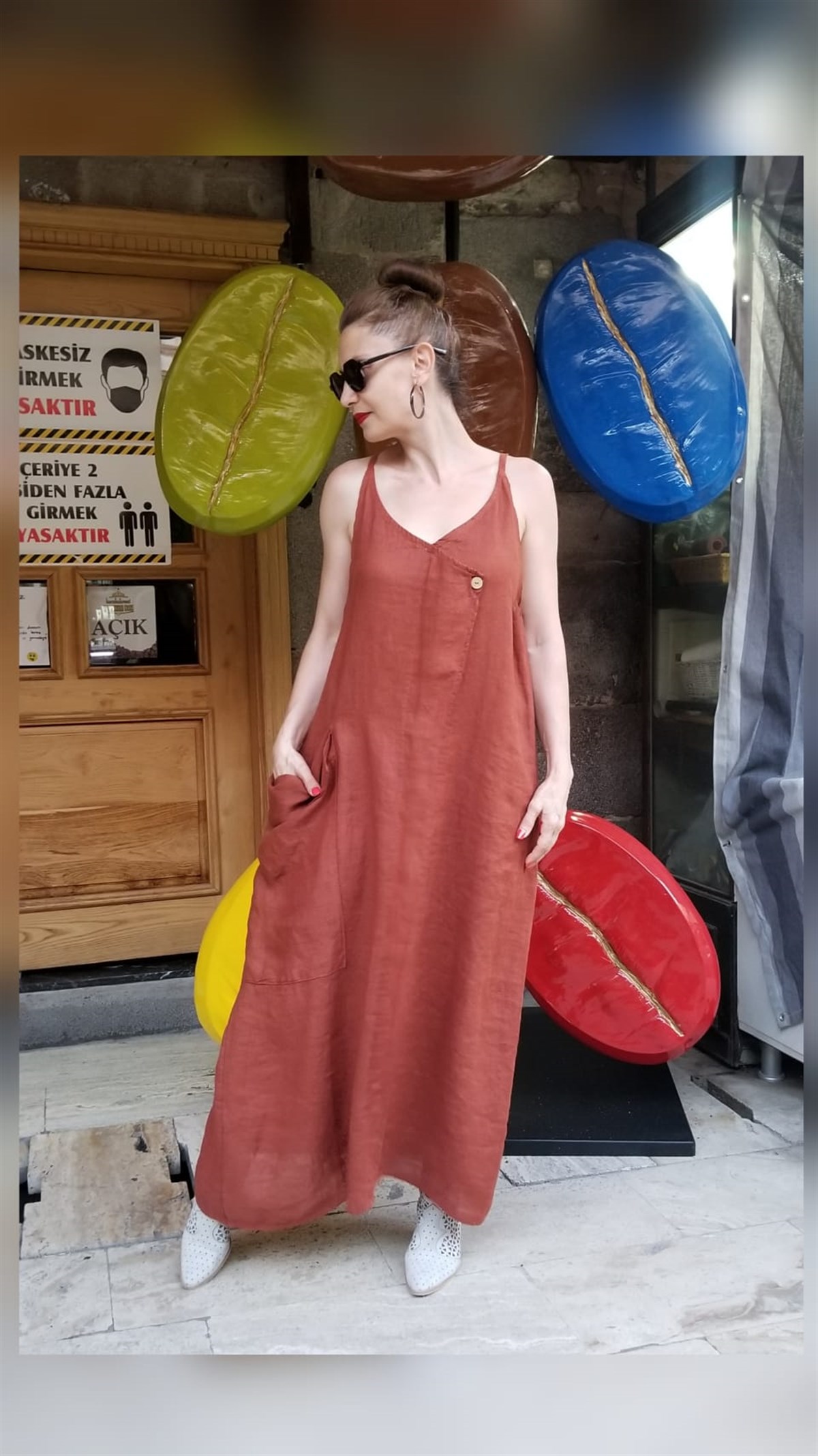 Taba İtalyan Keten Kumaş İp Askılı Elbise