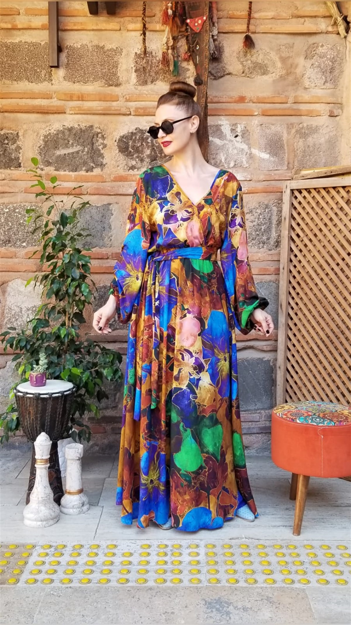 Taba Vintage Desen Kruvaze Elbise