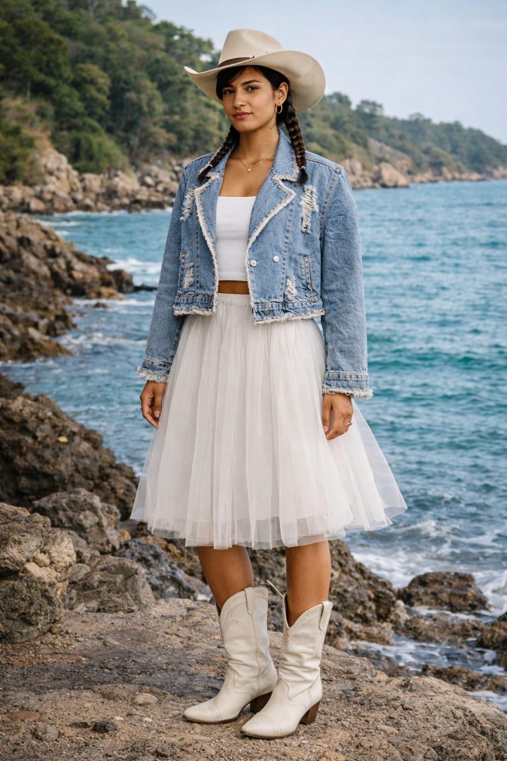 Taş detaylı cropped yıpratmalı tek düğmeli denim ceket