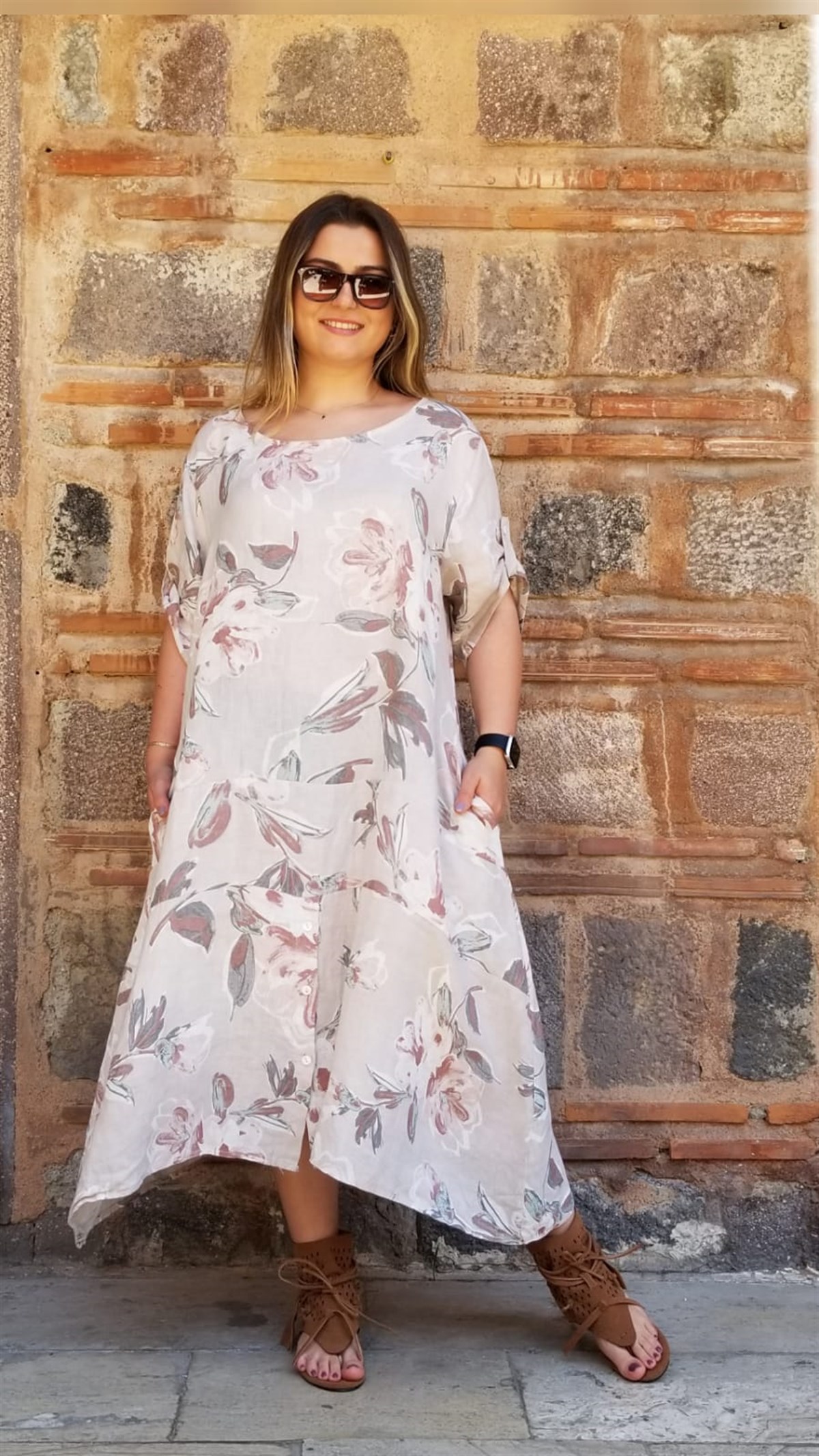 Taş Rengi İtalyan Asimetrik Cepli Keten Kumaş Elbise
