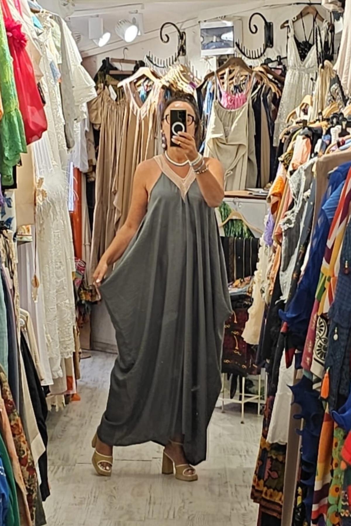 Tensel Kumaş Yarasa Kol V Yaka Elbise Haki