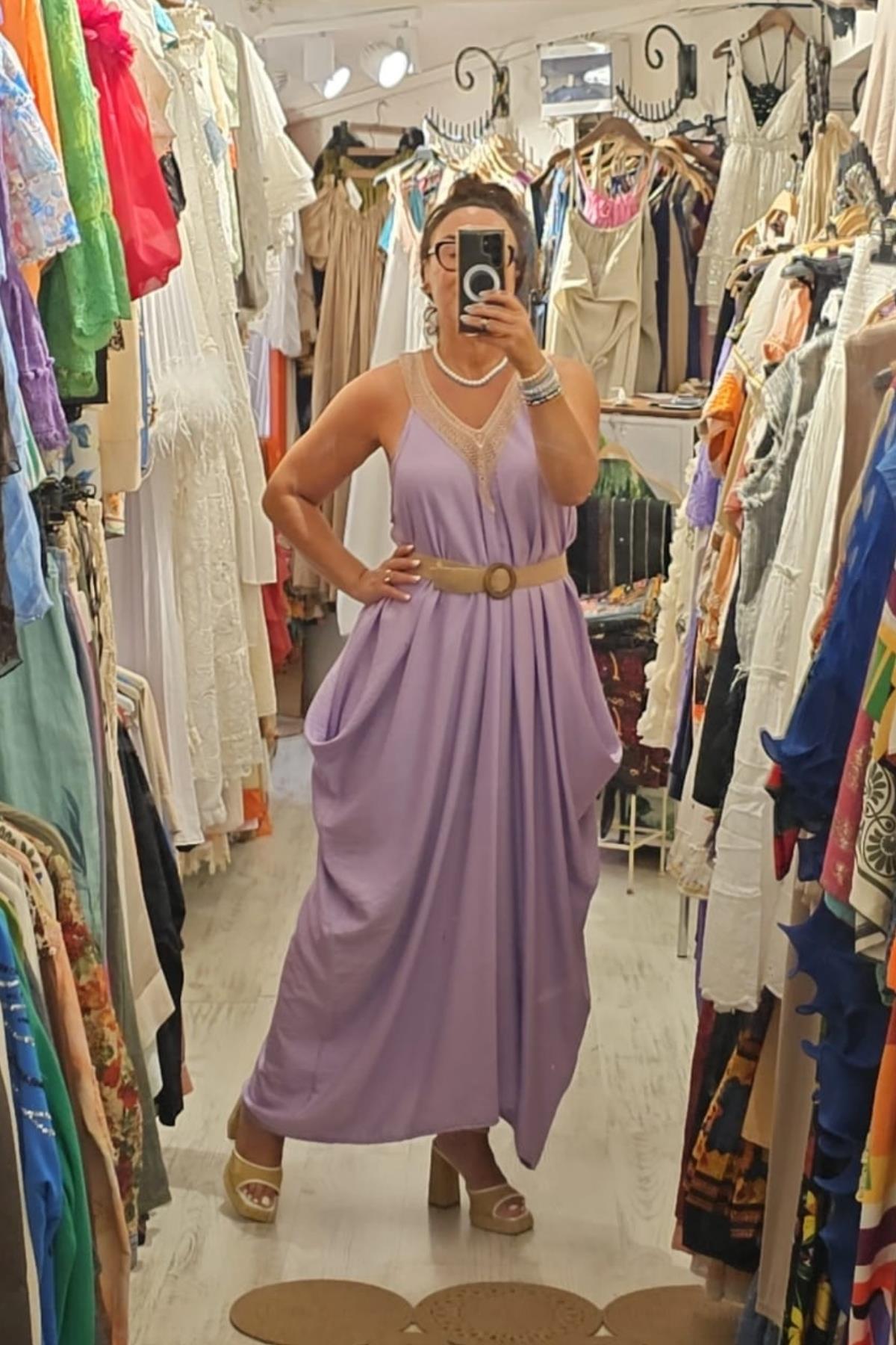 Tensel Kumaş Yarasa Kol V Yaka Elbise Lila