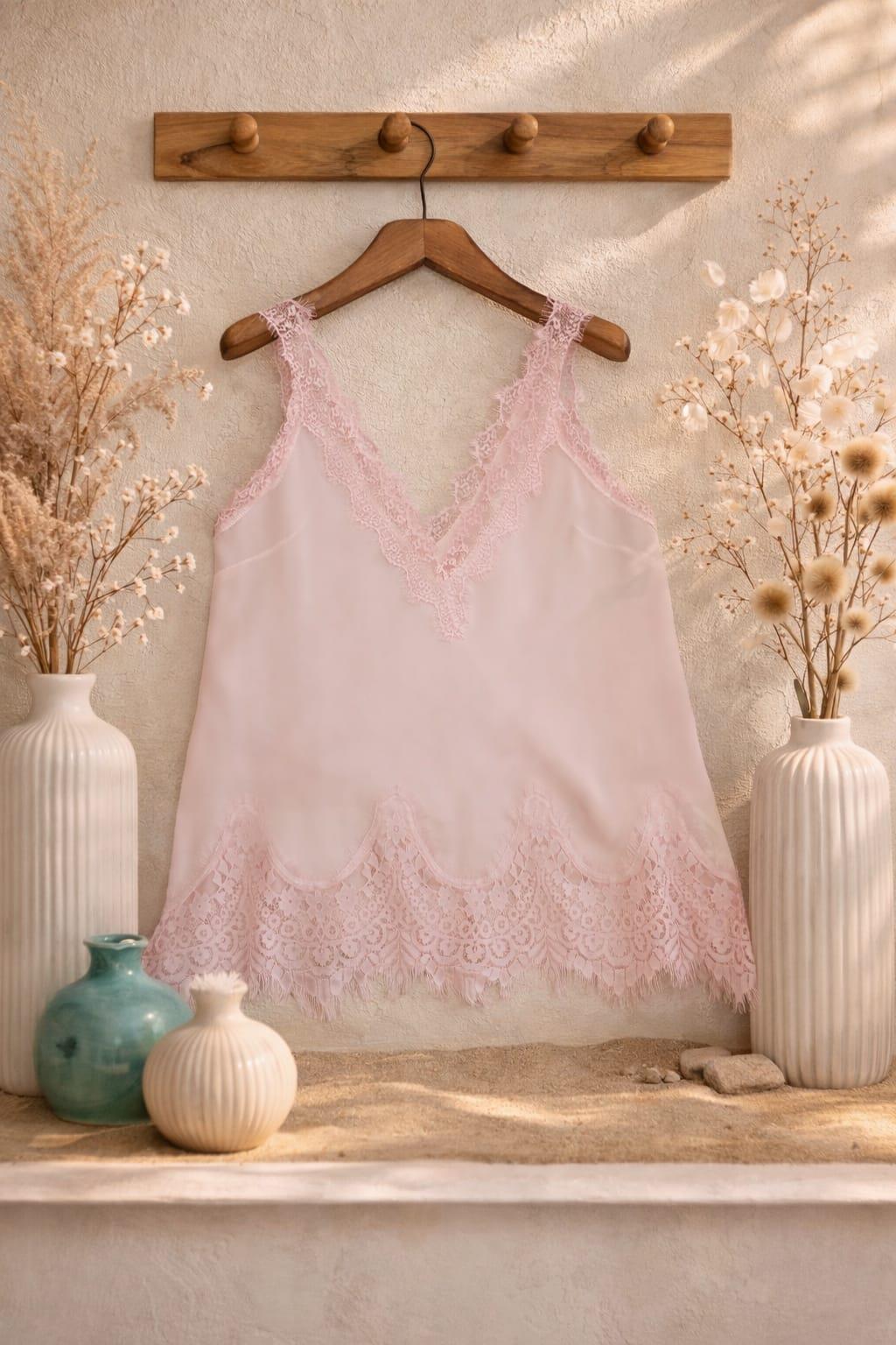 Toz Pembe Dantel Detaylı Askılı Bluz