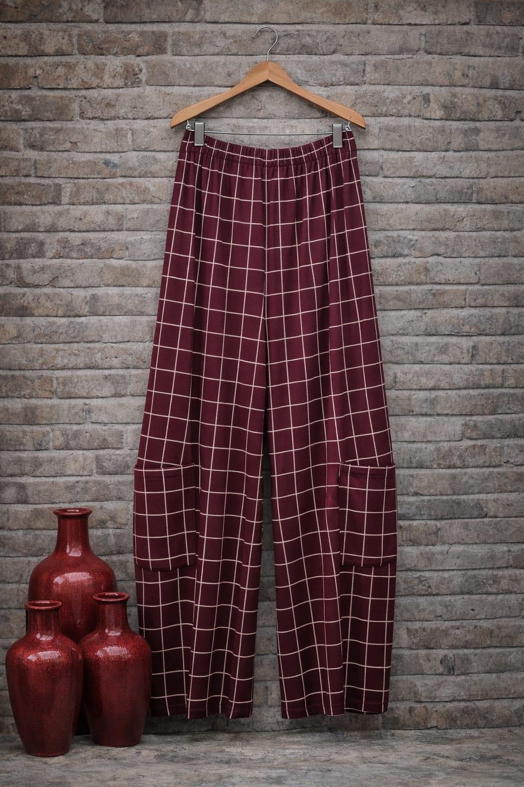 Triko kareli pantolon renk bordo 