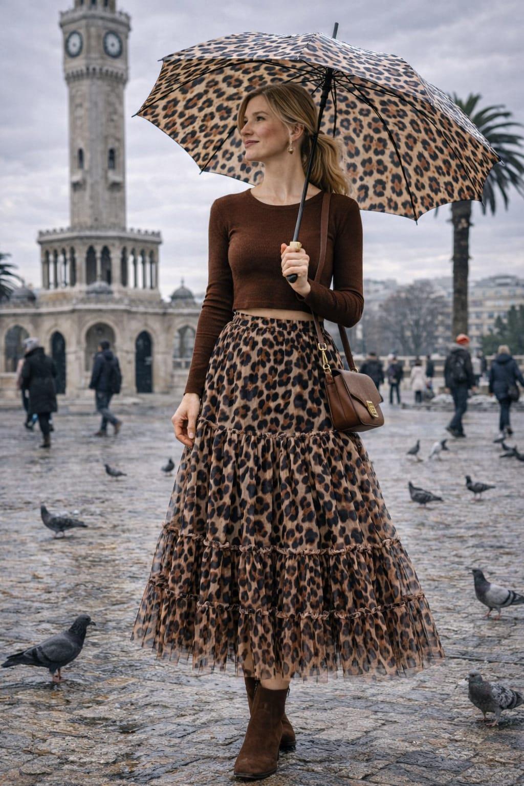 Tül etek beli lastikli içi pamuklu viskon astar leopar desenli kahve rengi