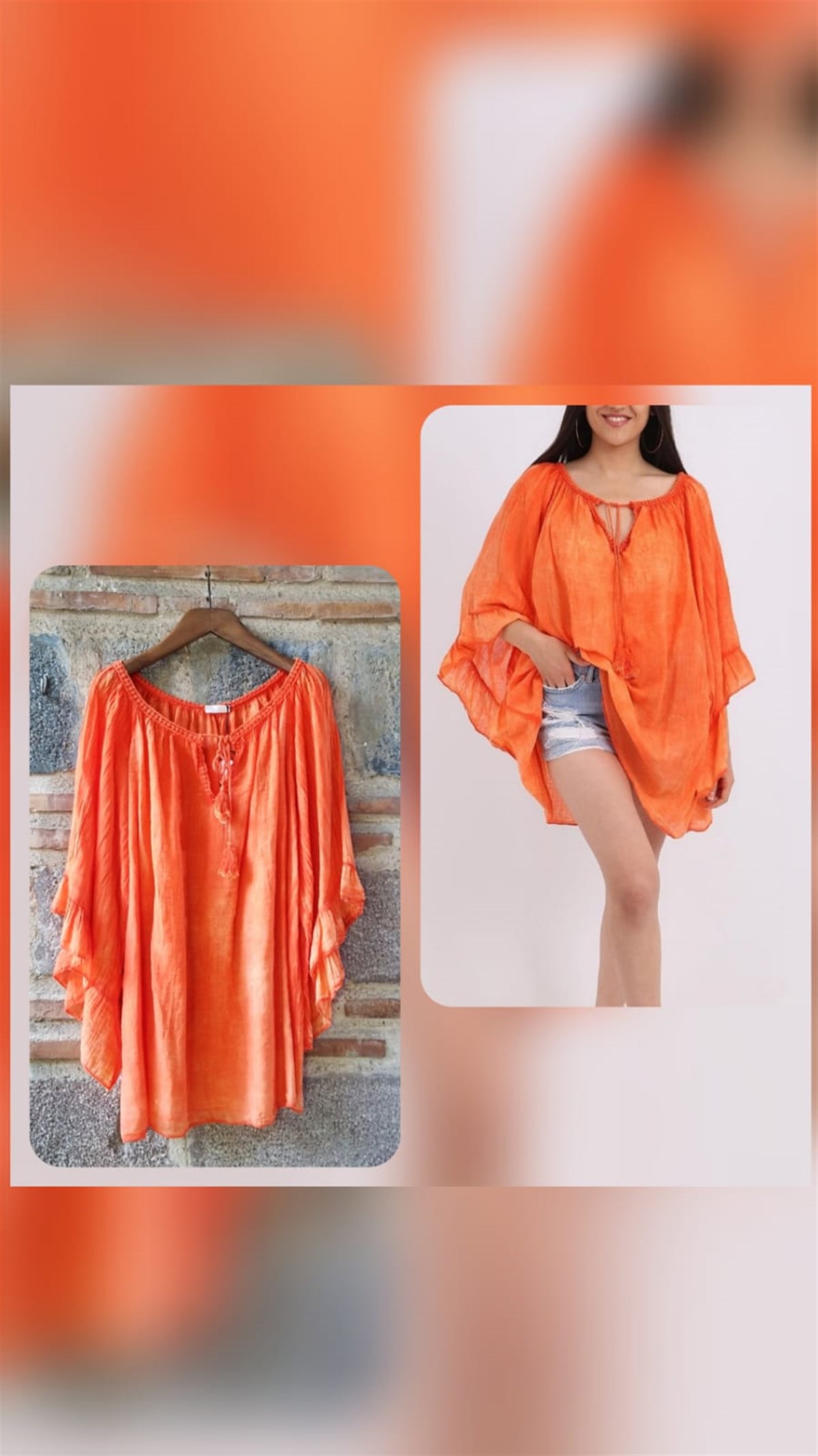 Turuncu İtalyan Kolları Farbalalı Bluz