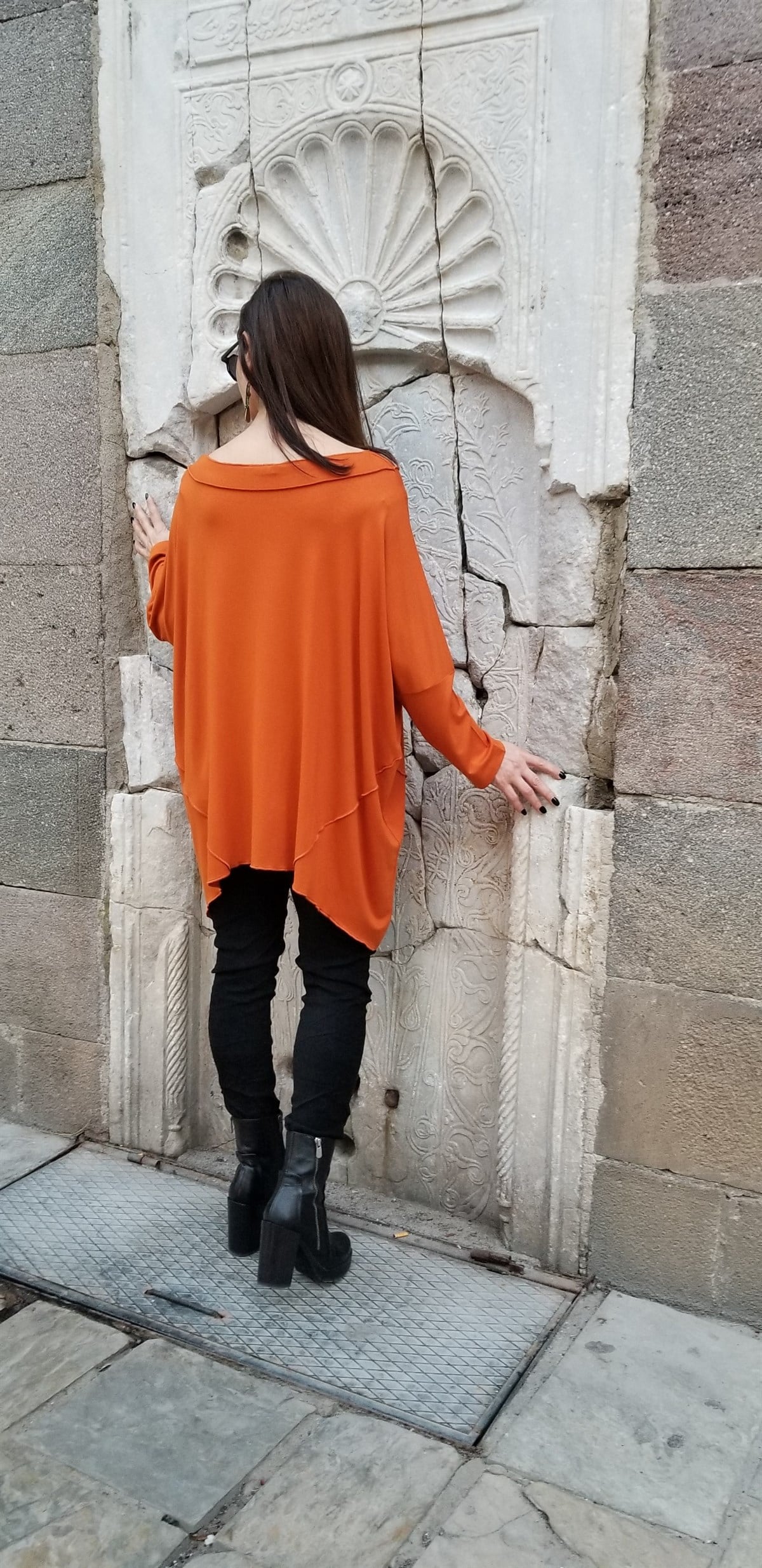 Turuncu Parçalı Bluz (Vicsone Penye Kumaş)