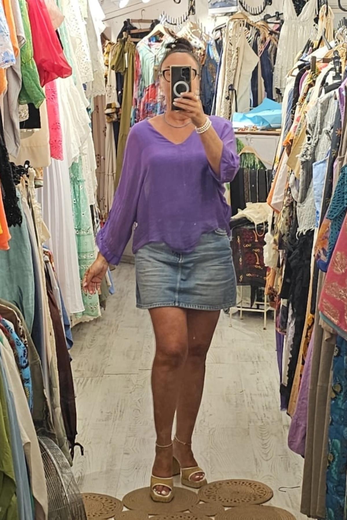 V Yaka İpek Bluz Mor