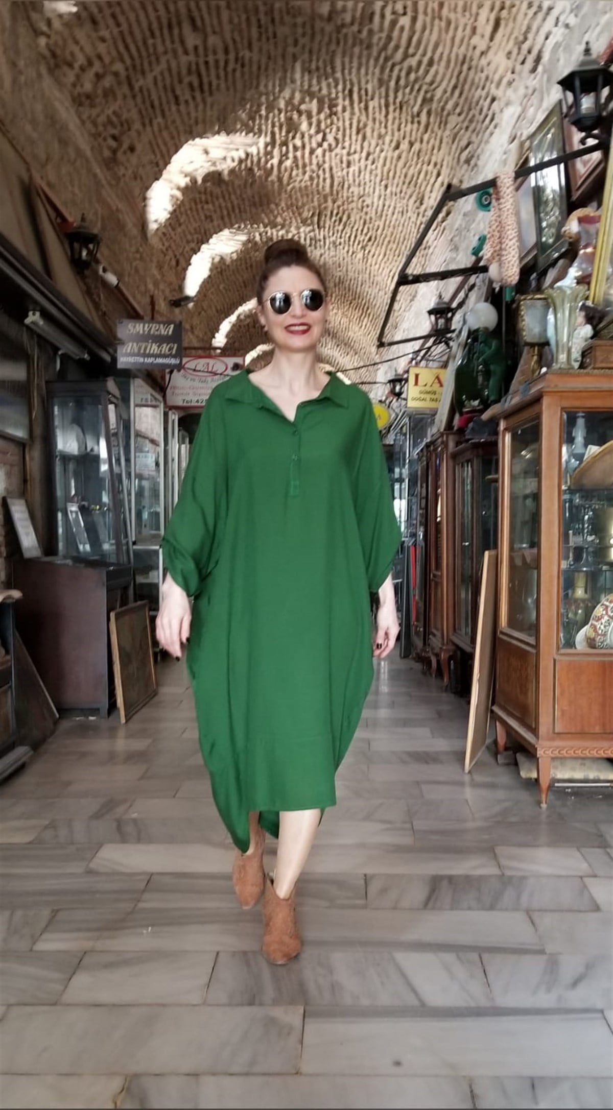 Yağ Yeşili Arkası Halkalı Elbise 