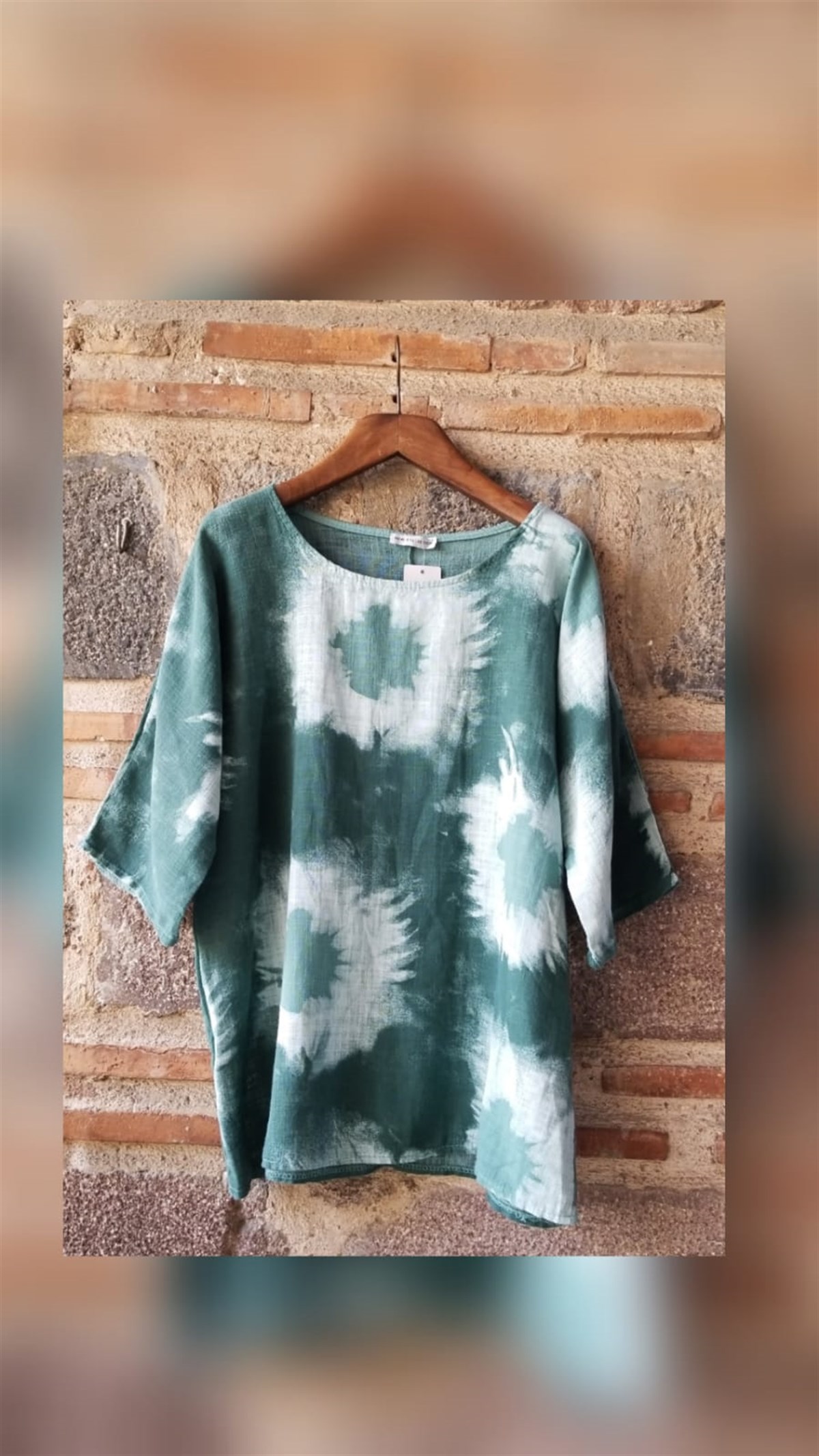 Yeşil Batik Desenli Keten Bluz