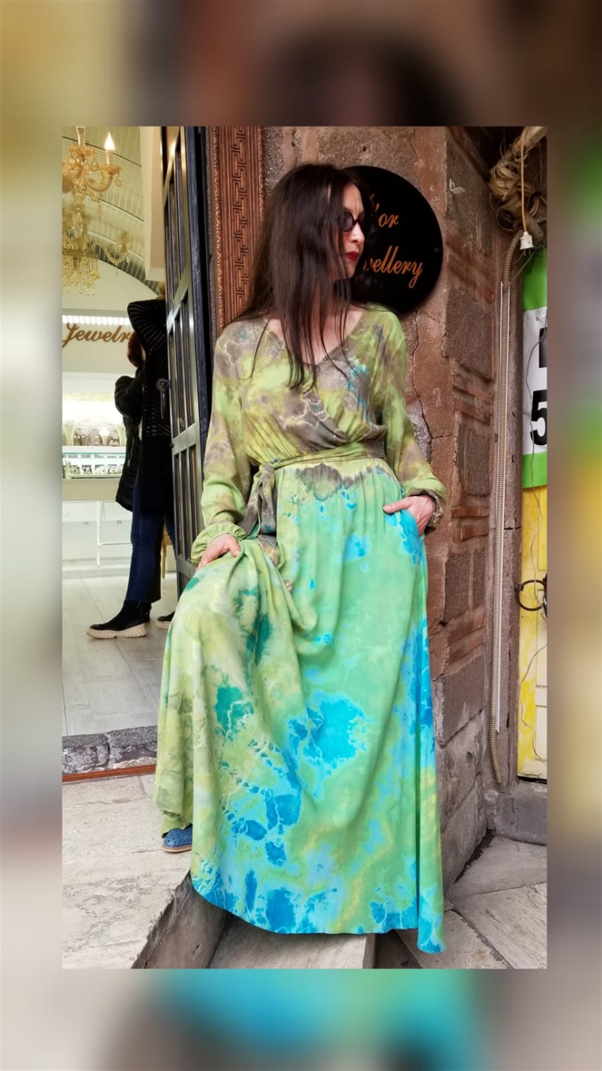 Yeşil Batikli Kruvaze Elbise