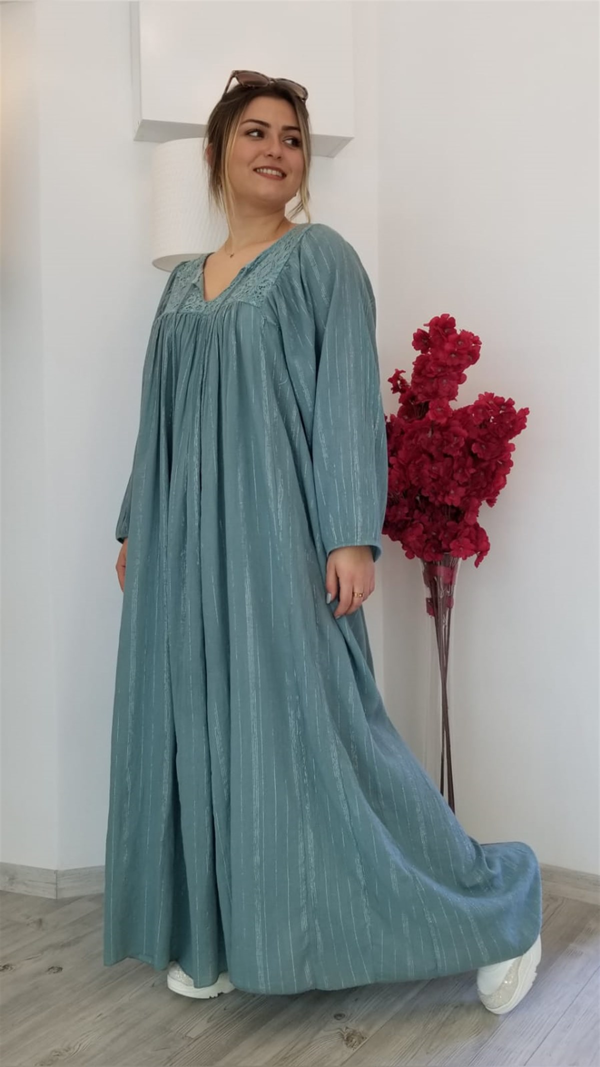 Çağla Yeşil İtalyan Bohem Simli Maxi Boy Elbise