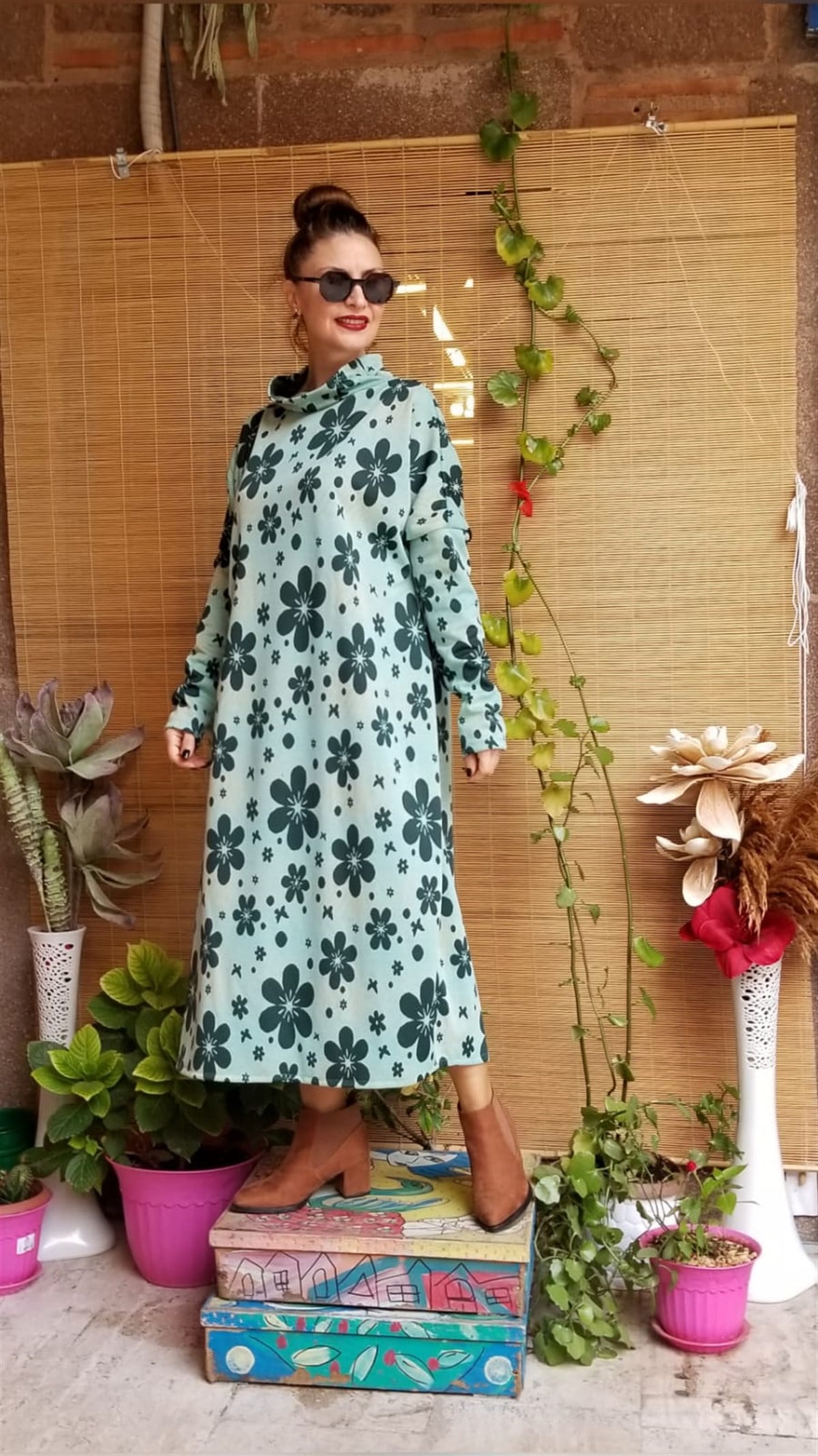 Yeşil Çelik Örme Triko Kumaş Elbise 