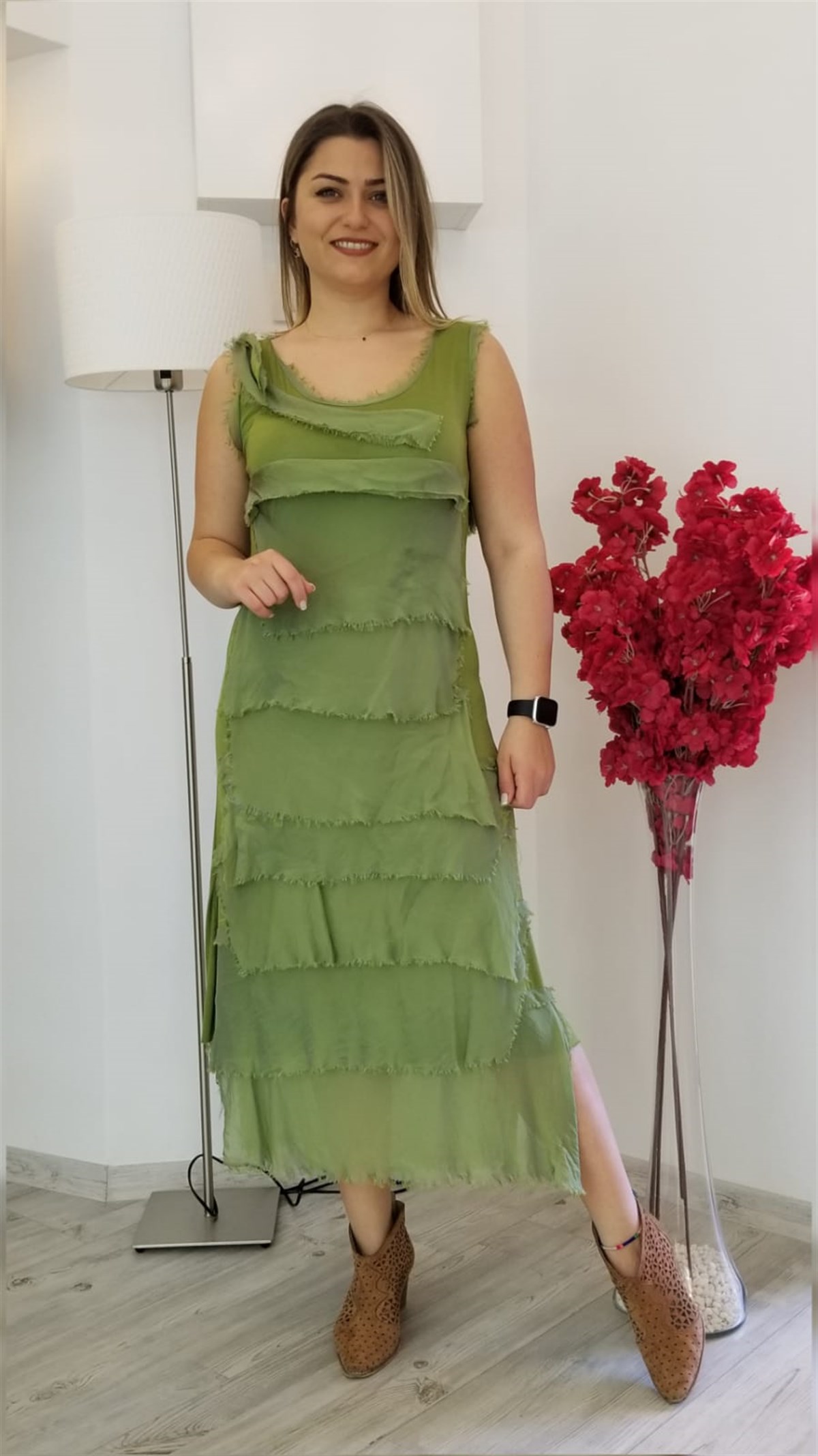 Yeşil İtalyan İpek Kumaş İçi Astarlı Kat Kat Elbise