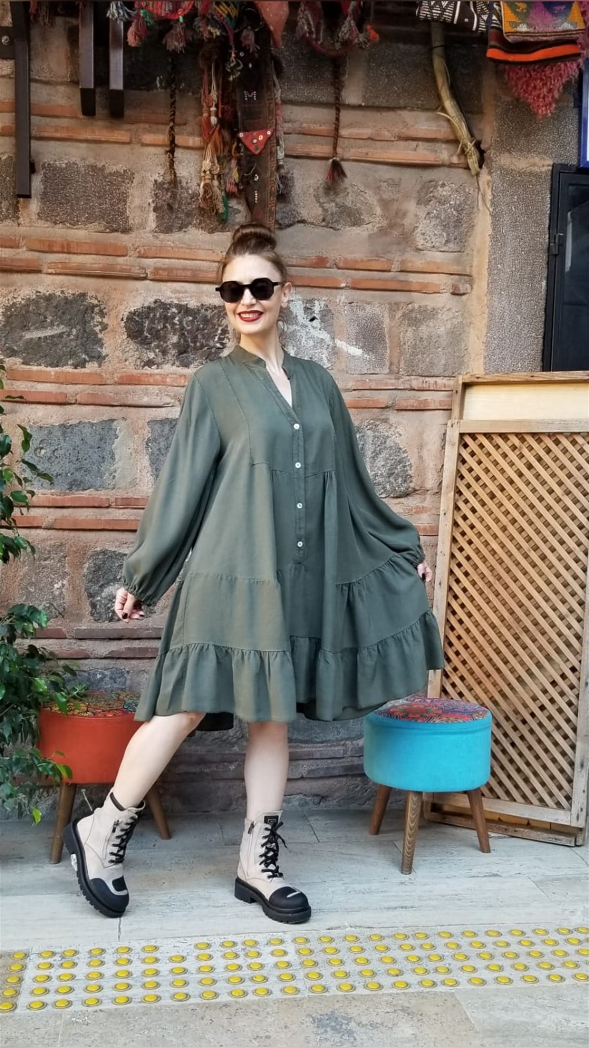 Yeşil Kat Kat Mini Elbise