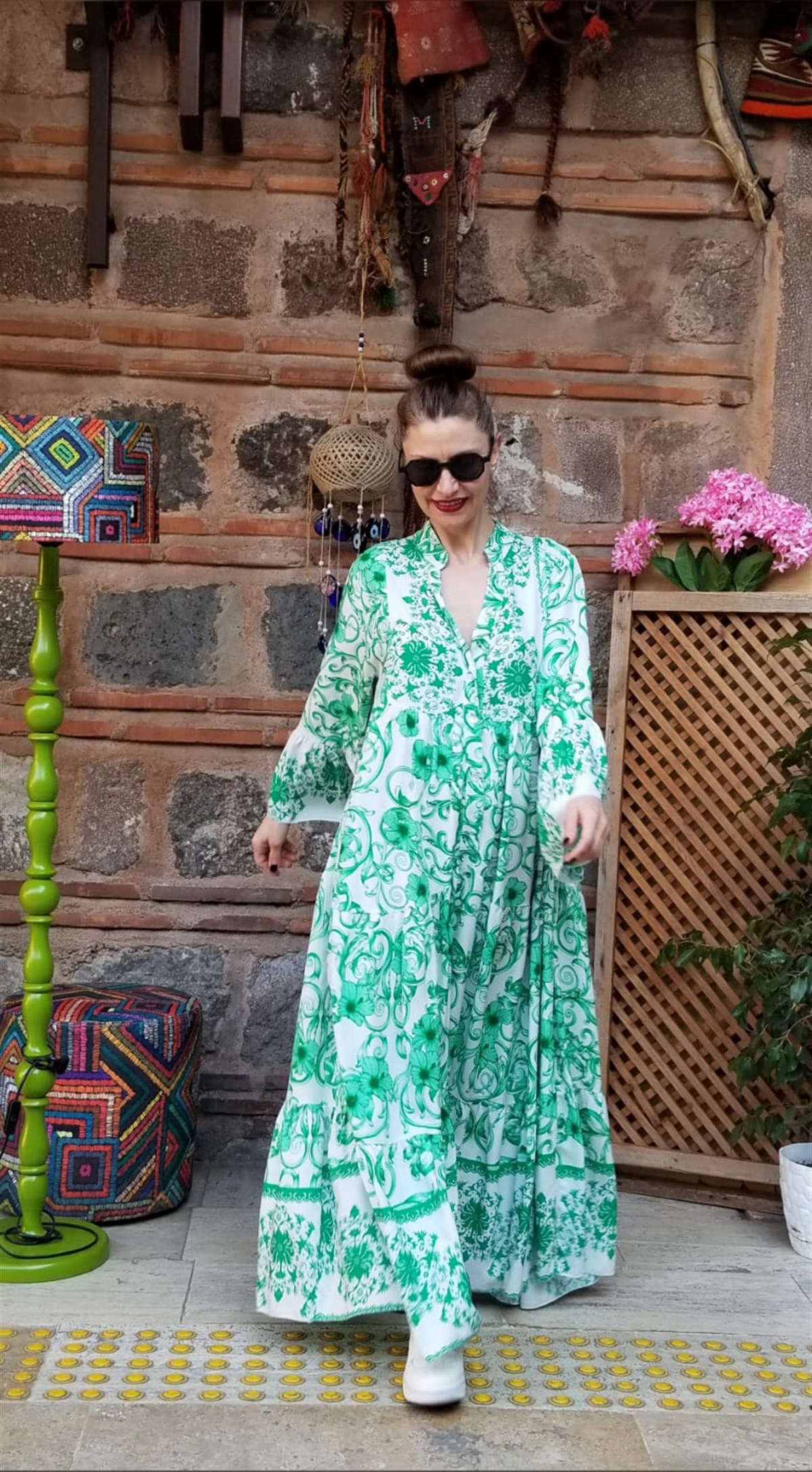 Yeşil Pamuklu Viskon Kumaş Dijital Baskı Salaş Elbise