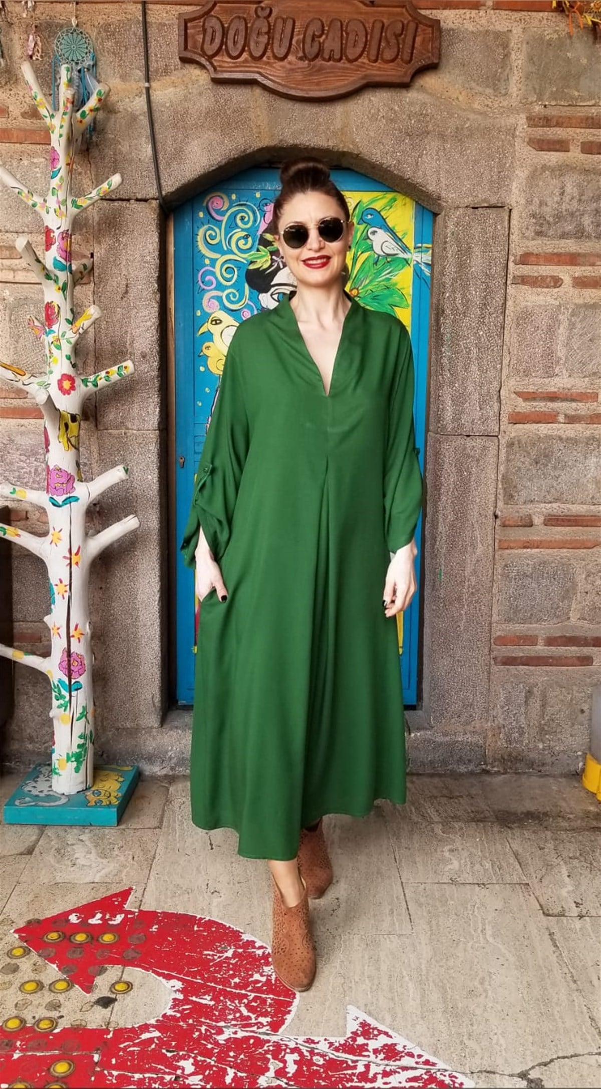 Yeşil Pamuklu Viskon Kumaş Pervazlı Elbise