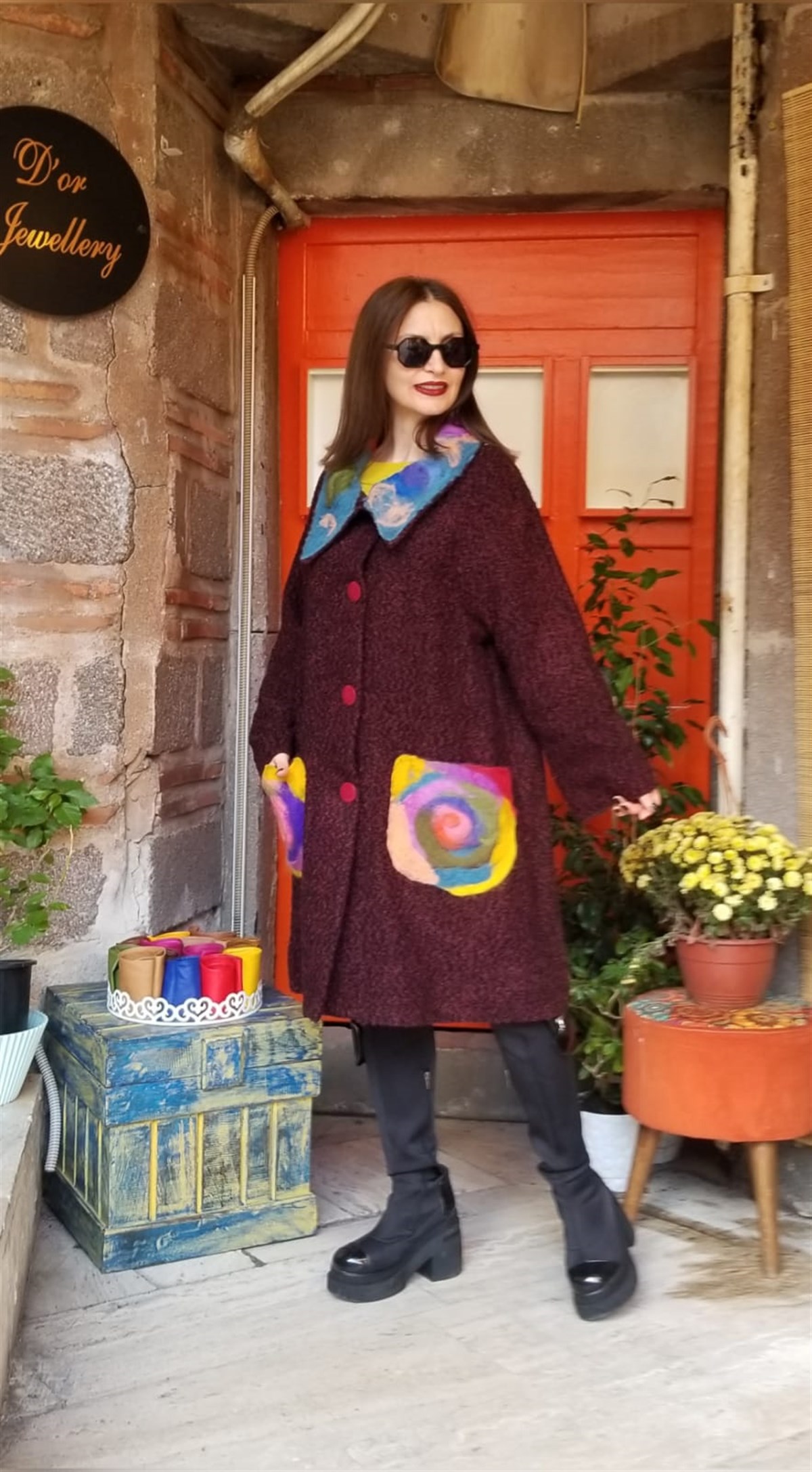 Yün Buklet Keçe Detaylı Kaban