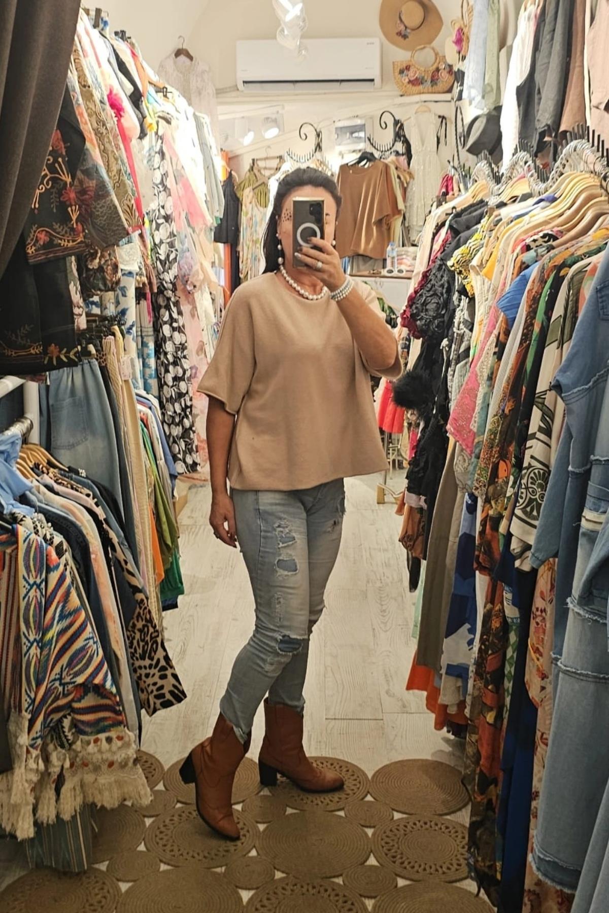 Yuvarlak Yaka Kısa Kol İtalyan Kazak Deve Tüyü Rengi