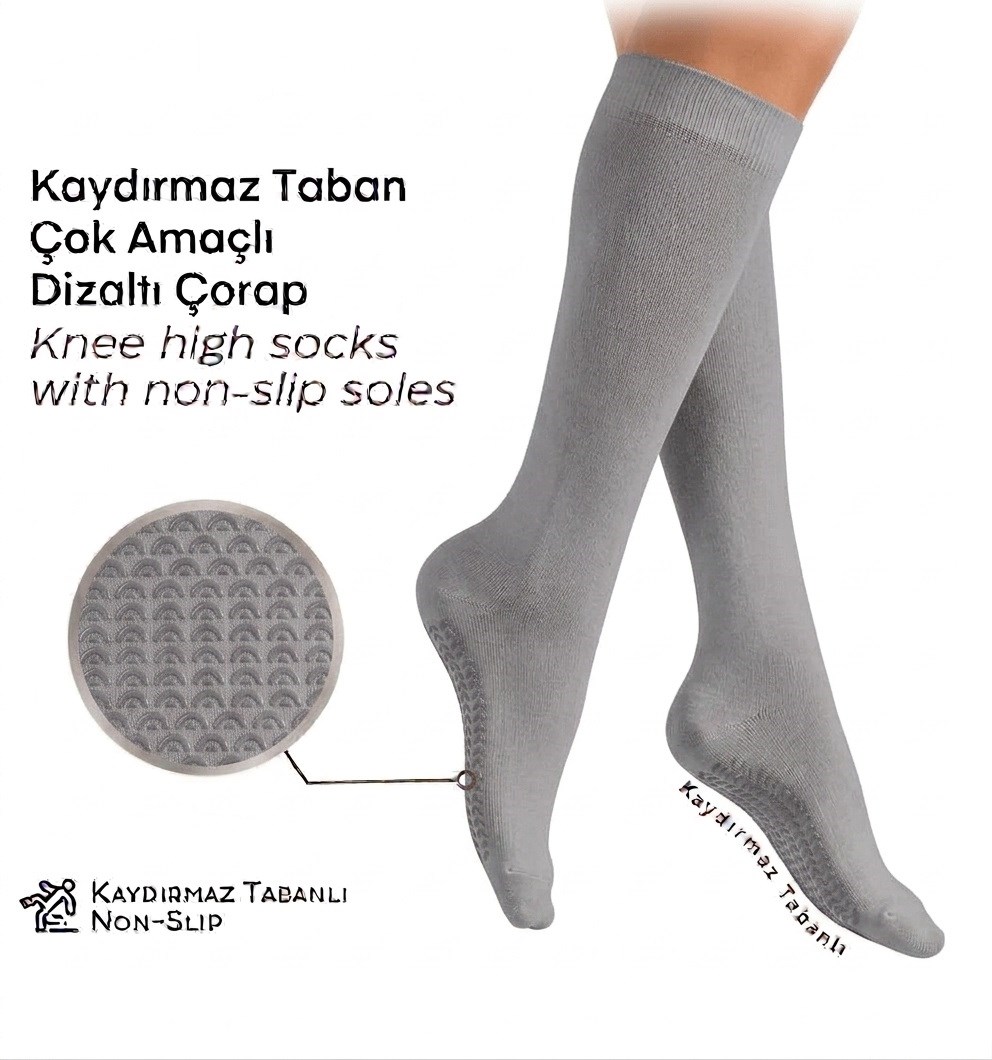 Kadın Kaymaz Taban Dizaltı Çorap (Hac-Ümre Tavaf Çorabı) - Gri
