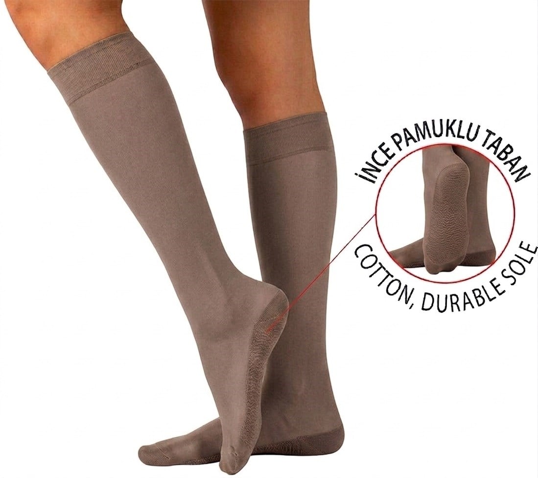 Kadın Pamuk Tabanlı Fit Dizaltı Çorap - Vizon