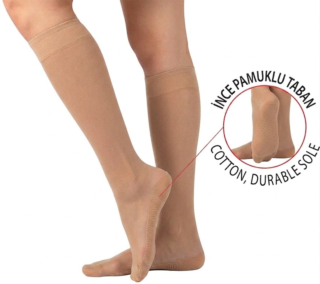 Kadın Pamuk Tabanlı Fit Dizaltı Çorap - Ten