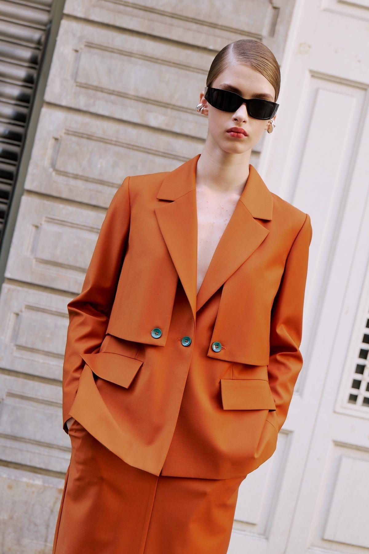 Rüzgarlık Detaylı Yün Karışımlı Ceket Turuncu