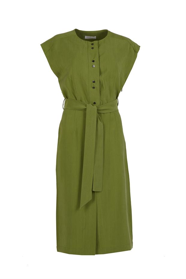 Düşük Omuzlu Drape Detaylı Elbise Yeşil