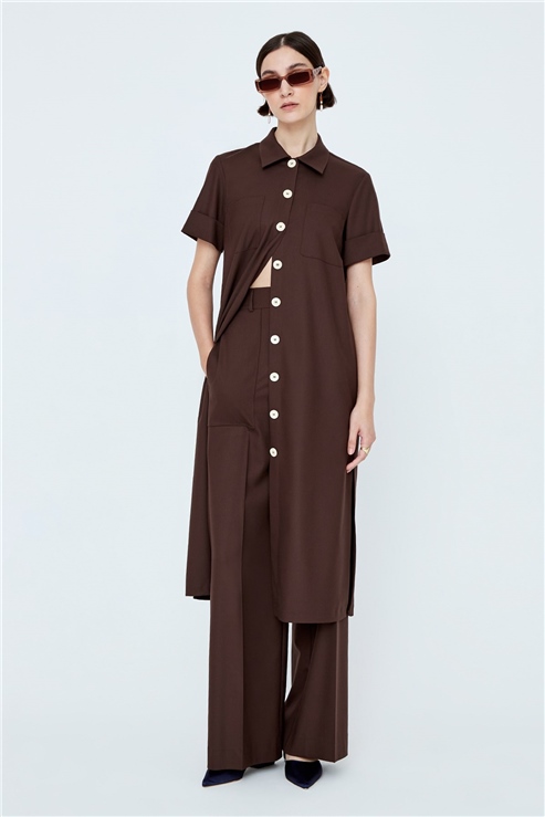 Kontrast Düğmeli, Midi Gömlek Elbise Kahverengi