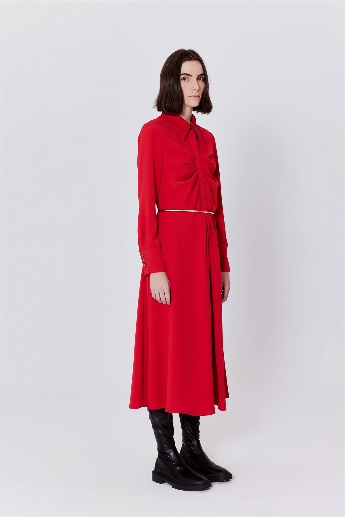 Pleated Detailed Shirt Dress Red