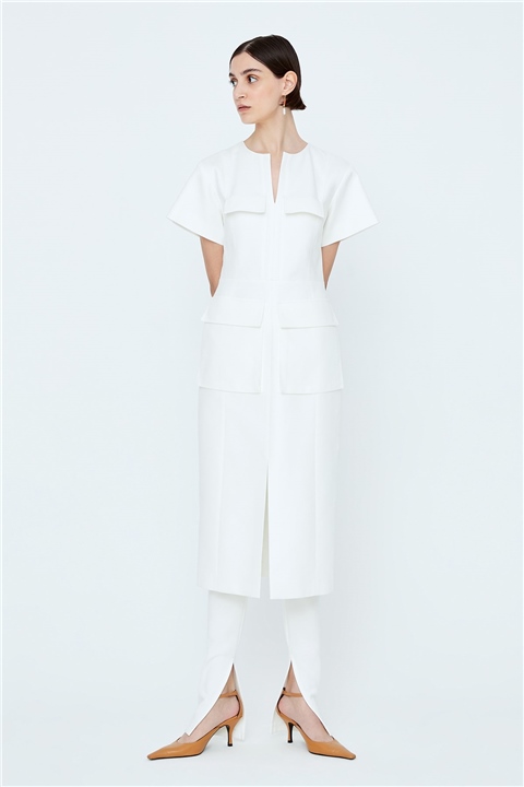 Körük Ve Kapak Cepli, Ön Orta Yırtmaç Detaylı Kısa Kollu Midi Elbise Beyaz