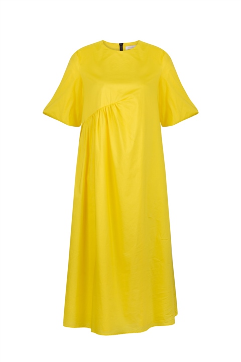 Pens Detaylı, Plili Puf Kollu Mıdı Poplin Elbise Parlak Sarı