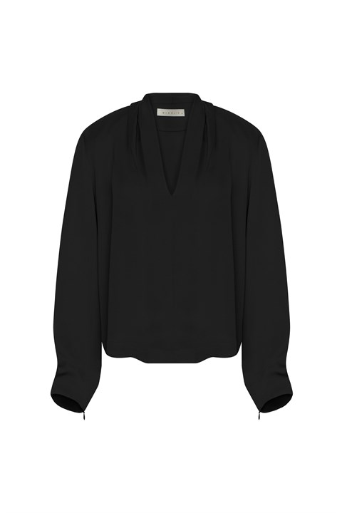 Pili Detaylı V Yaka Bluz Siyah