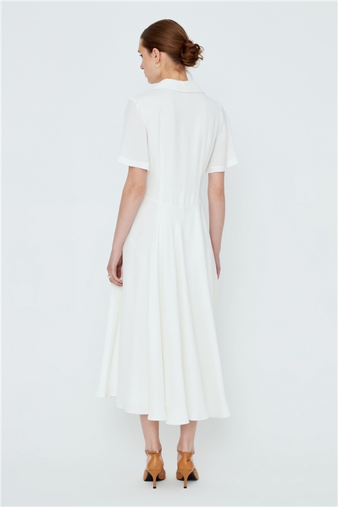 Çift V Yaka Detaylı Midi Elbise Beyaz