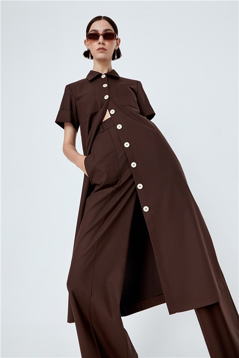 Kontrast Düğmeli, Midi Gömlek Elbise Kahverengi