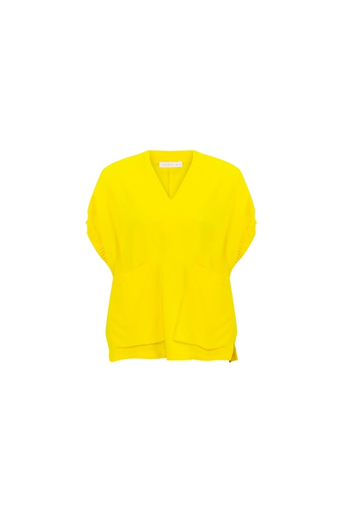 V Yaka, Cepli Kolları Elastikli Bluz Parlak Sarı