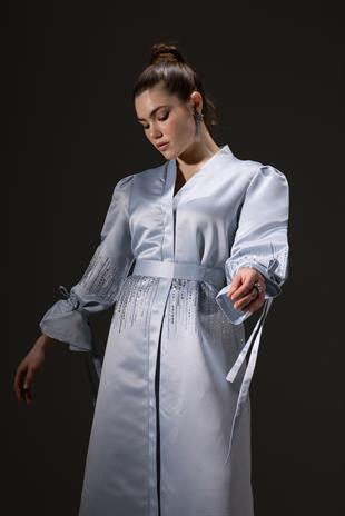 Swarovski Baskı Taş Detaylı Exclusive Kimono Abaya Gri
