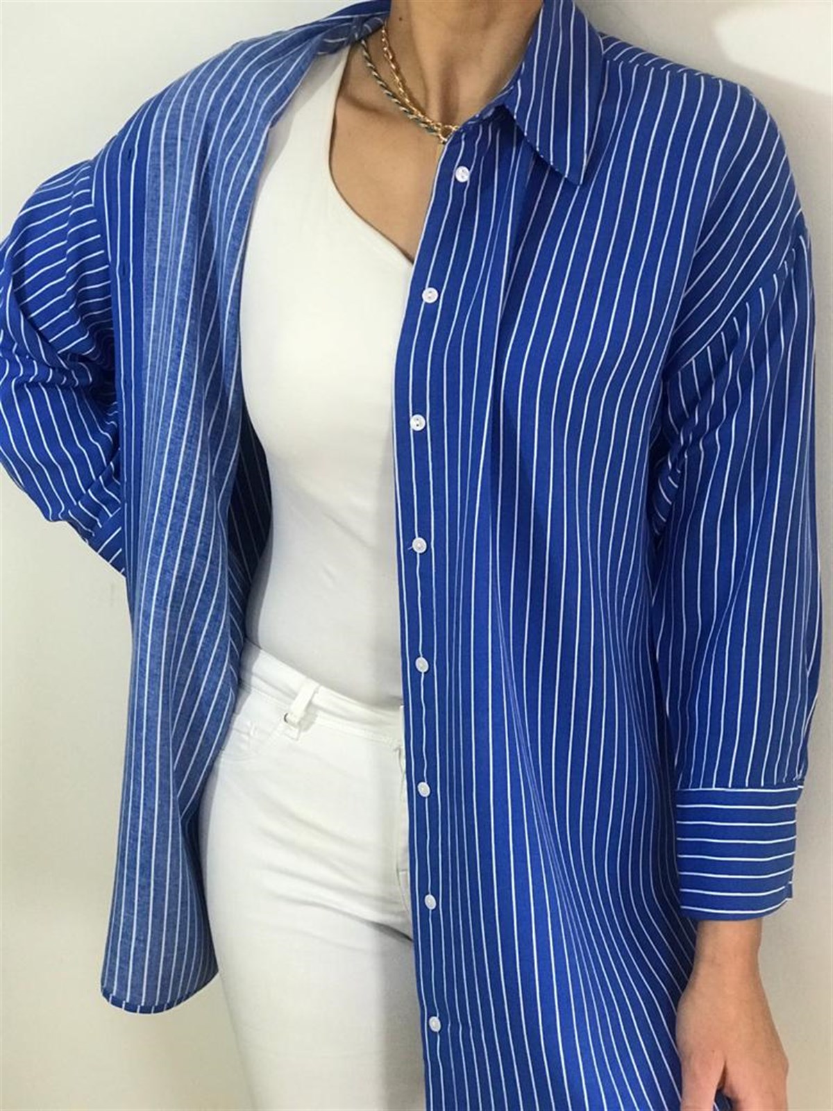 Mavi Renk Beyaz Çizgili Tunik Gömlek - Yaz Gündoğan Butik