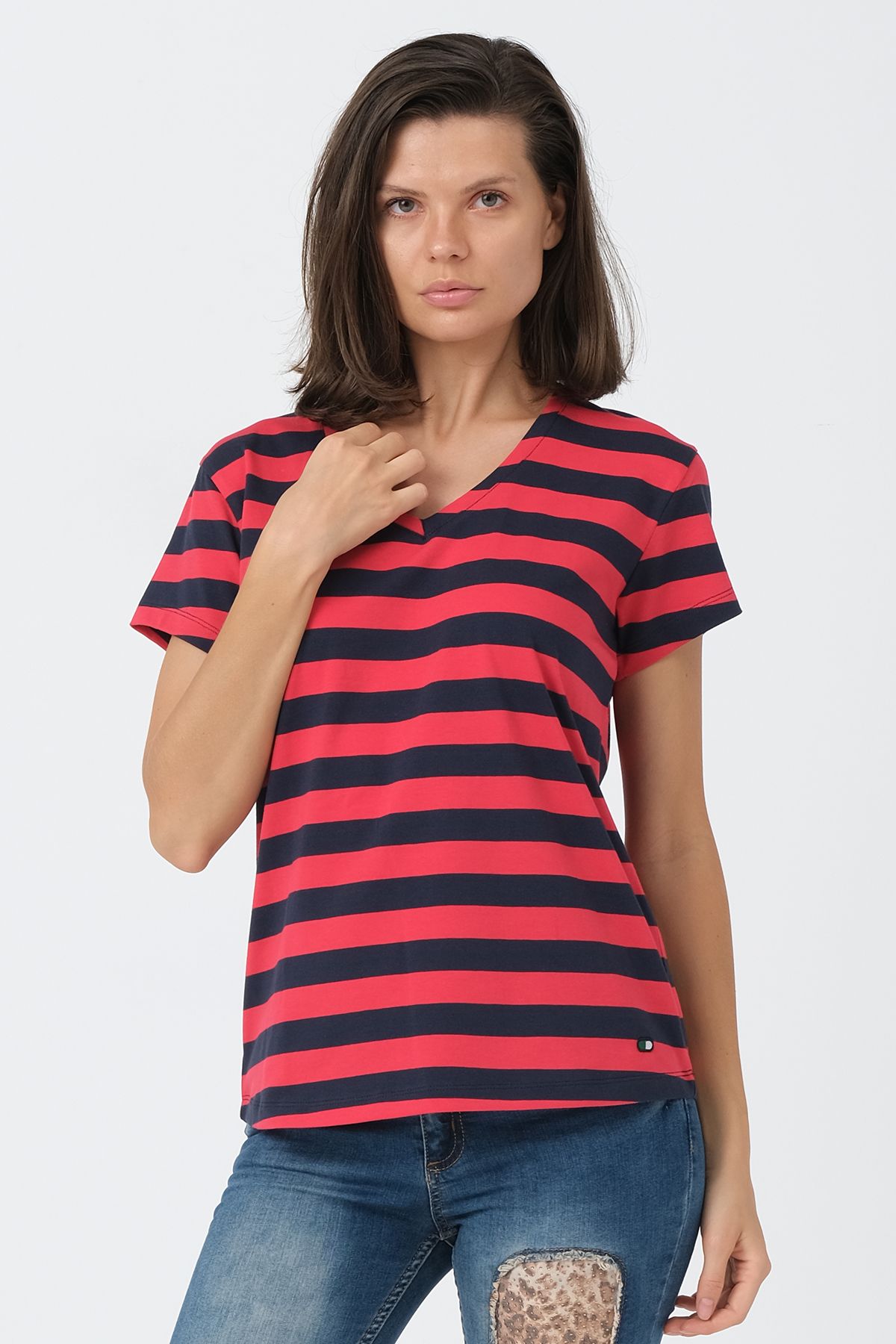 Çizgili Kırmızı - Lacivert V Yaka Basic T-shirt ND-2003