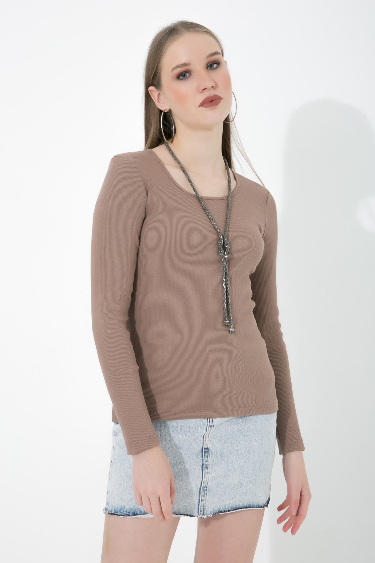 Likralı Uzun Kollu Fitilli Örme O Yaka Basic Sütlü Kahve Bluz ND-26208