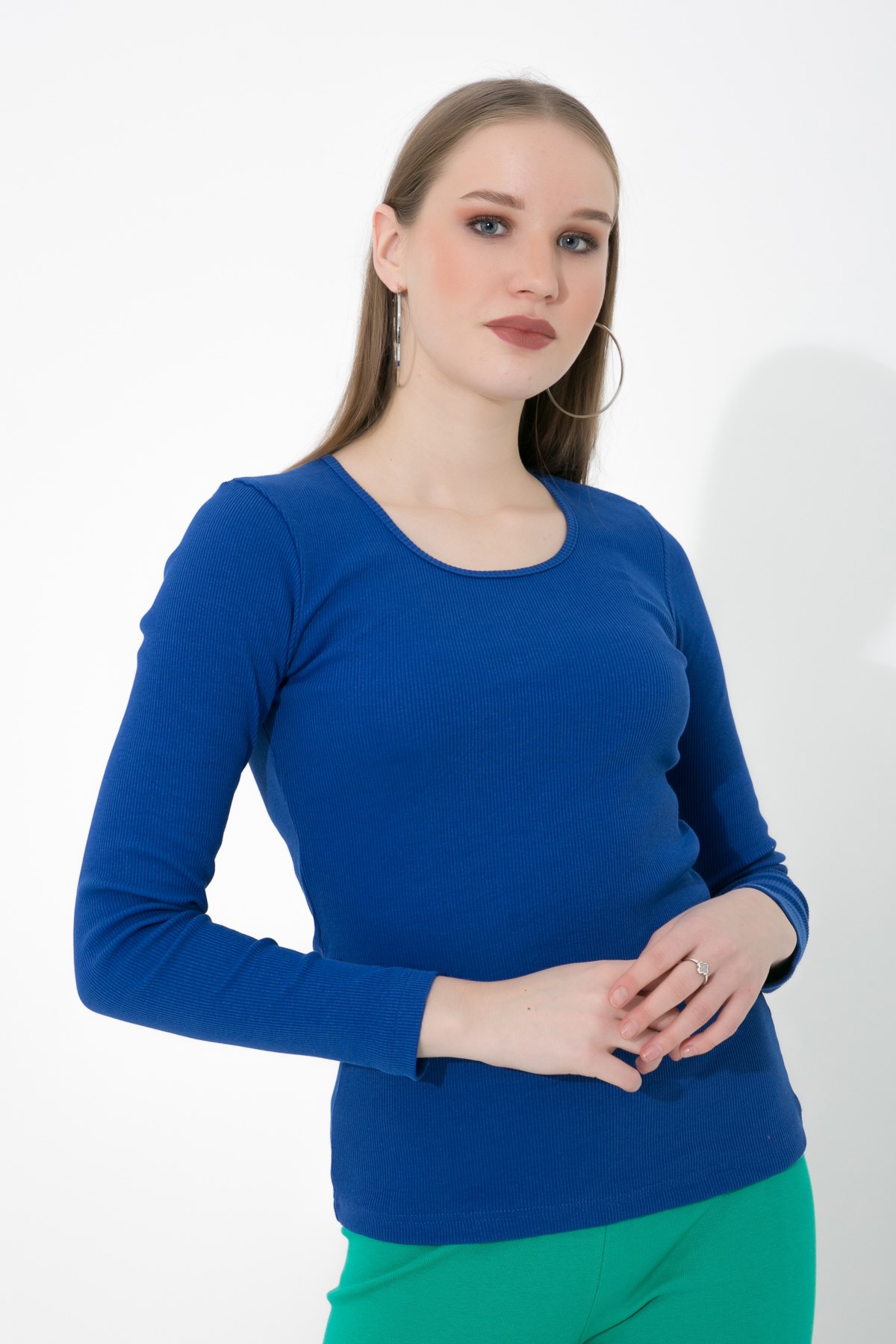 Likralı Uzun Kollu Fitilli Örme O Yaka Basic Saks Bluz ND-26208