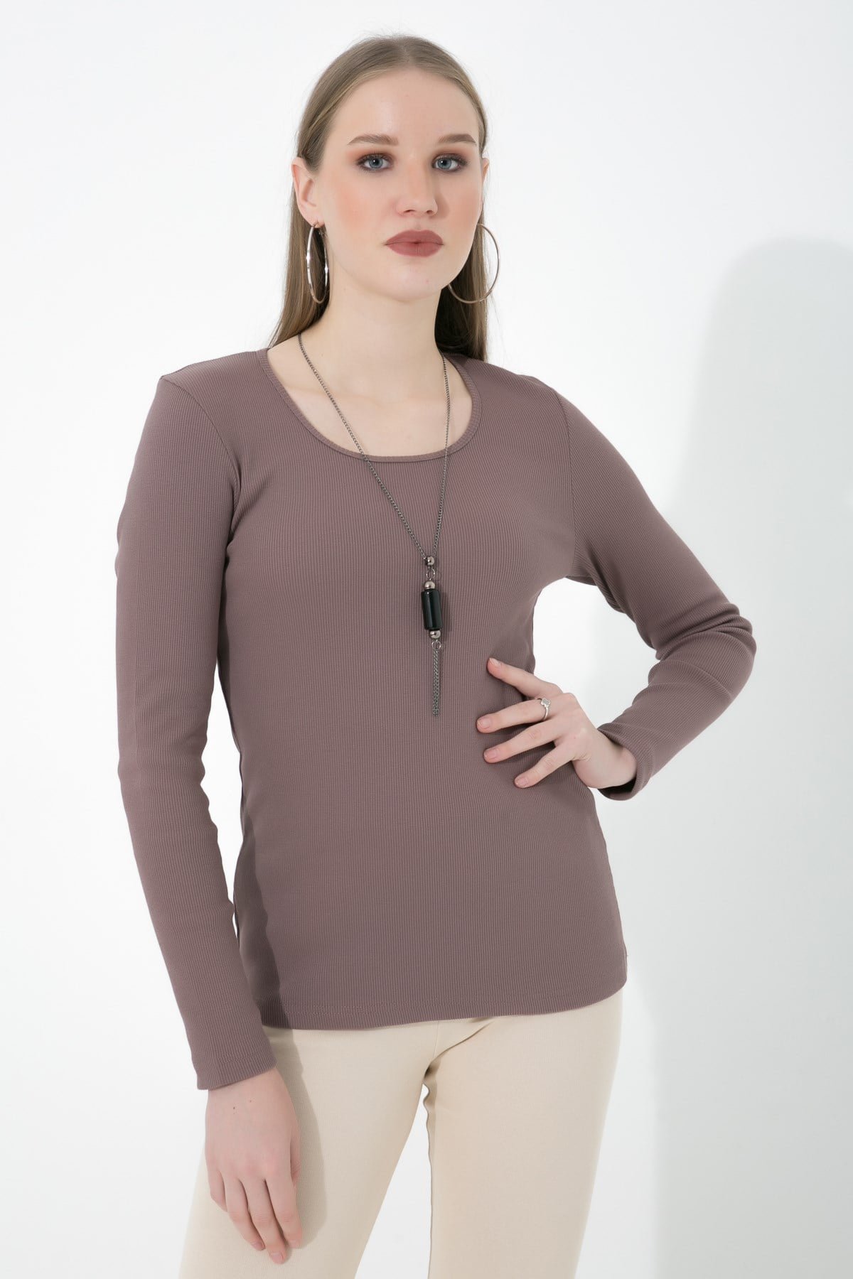 Likralı Uzun Kollu Fitilli Örme O Yaka Basic Kahve Bluz ND-26208