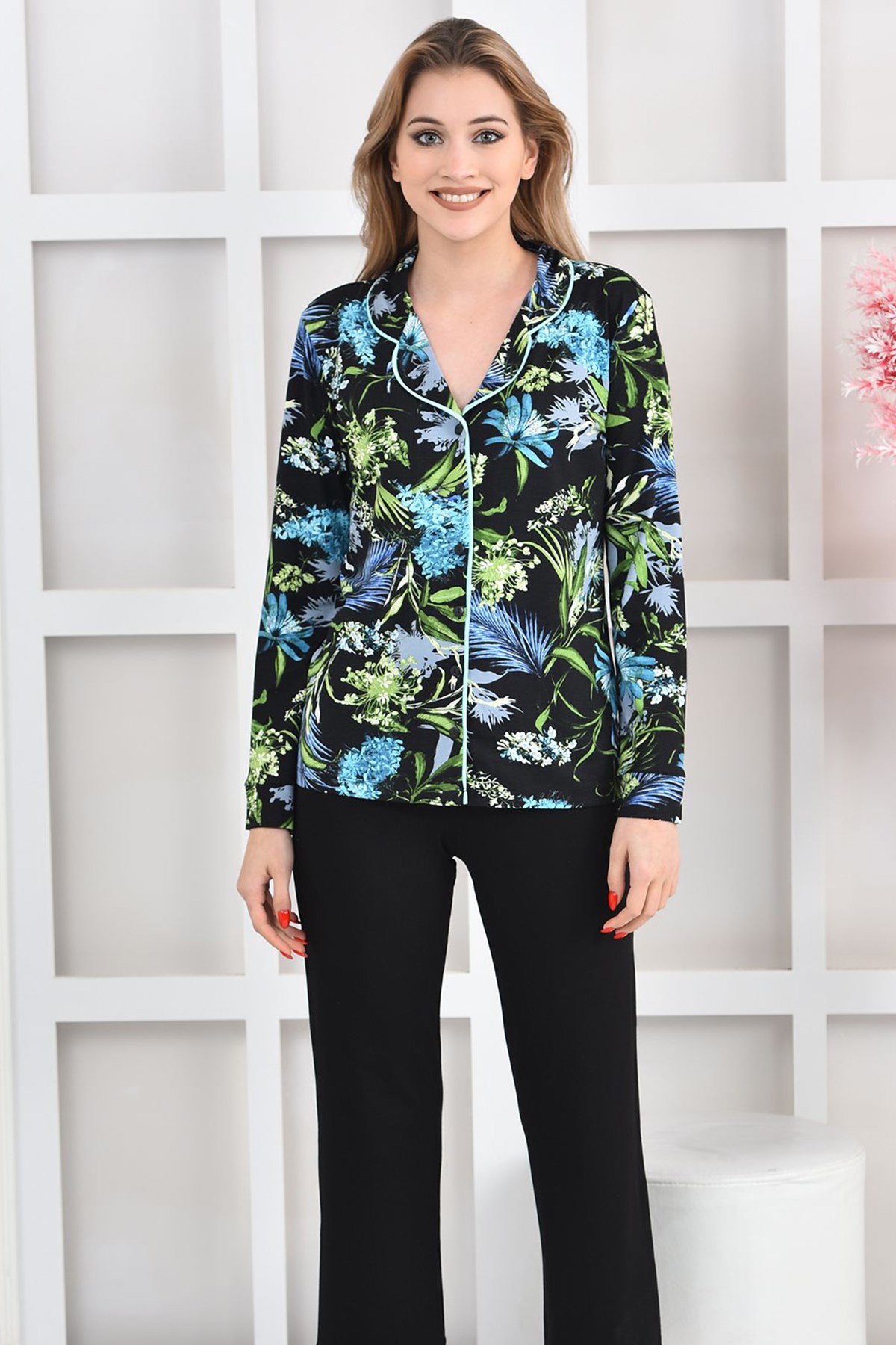 Siyah-Yeşil Baskılı Viskon Örme Pijama Takımı ND-2005