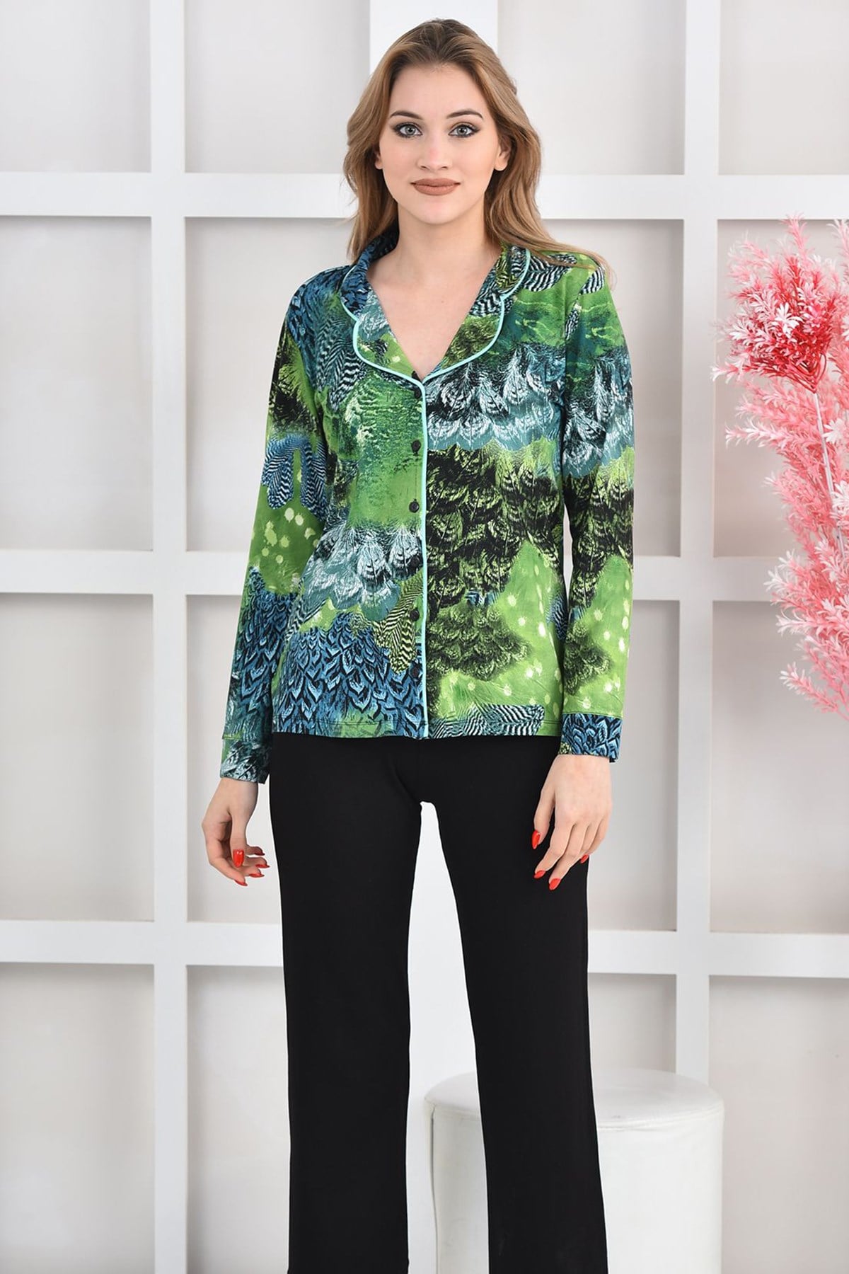 Yeşil-Siyah Baskılı Viskon Örme Pijama Takımı ND-2005