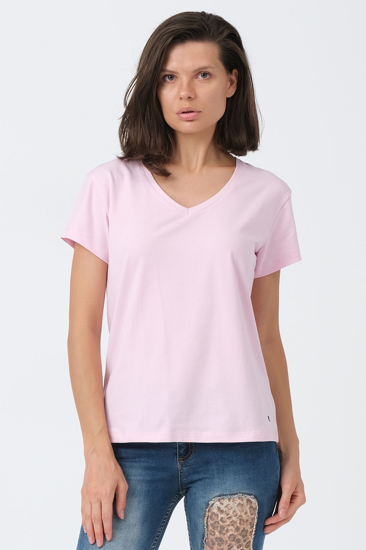 Açık Pembe V Yaka Basic T-shirt ND-2003