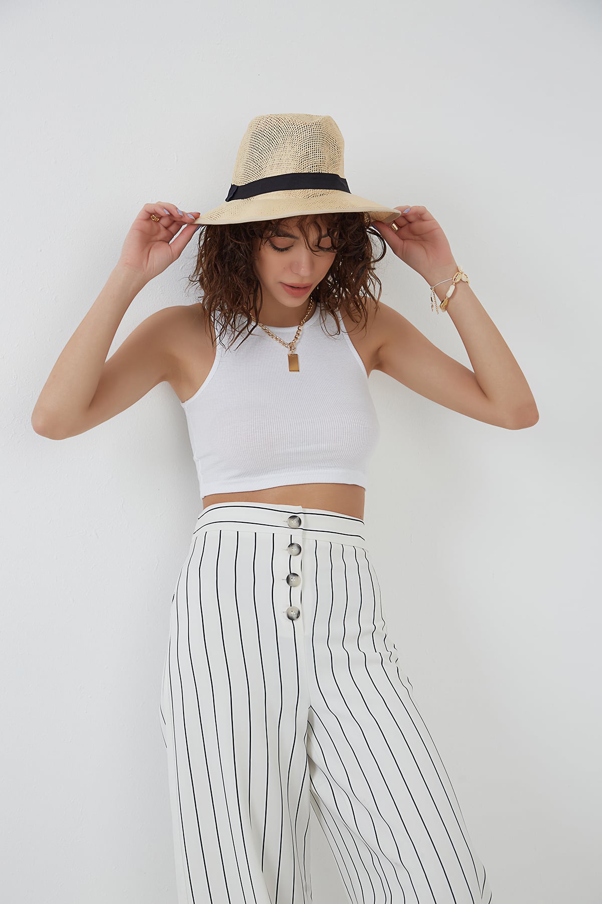 Beyaz Likralı Fitilli Örme Crop Atlet ND-26201