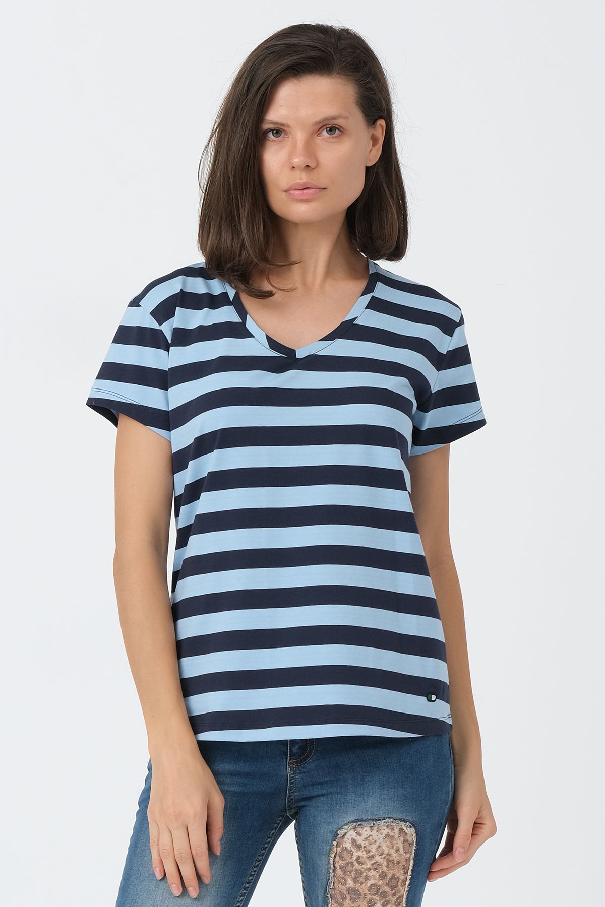 Çizgili Mavi-Lacivert V Yaka Basic T-shirt ND-2003