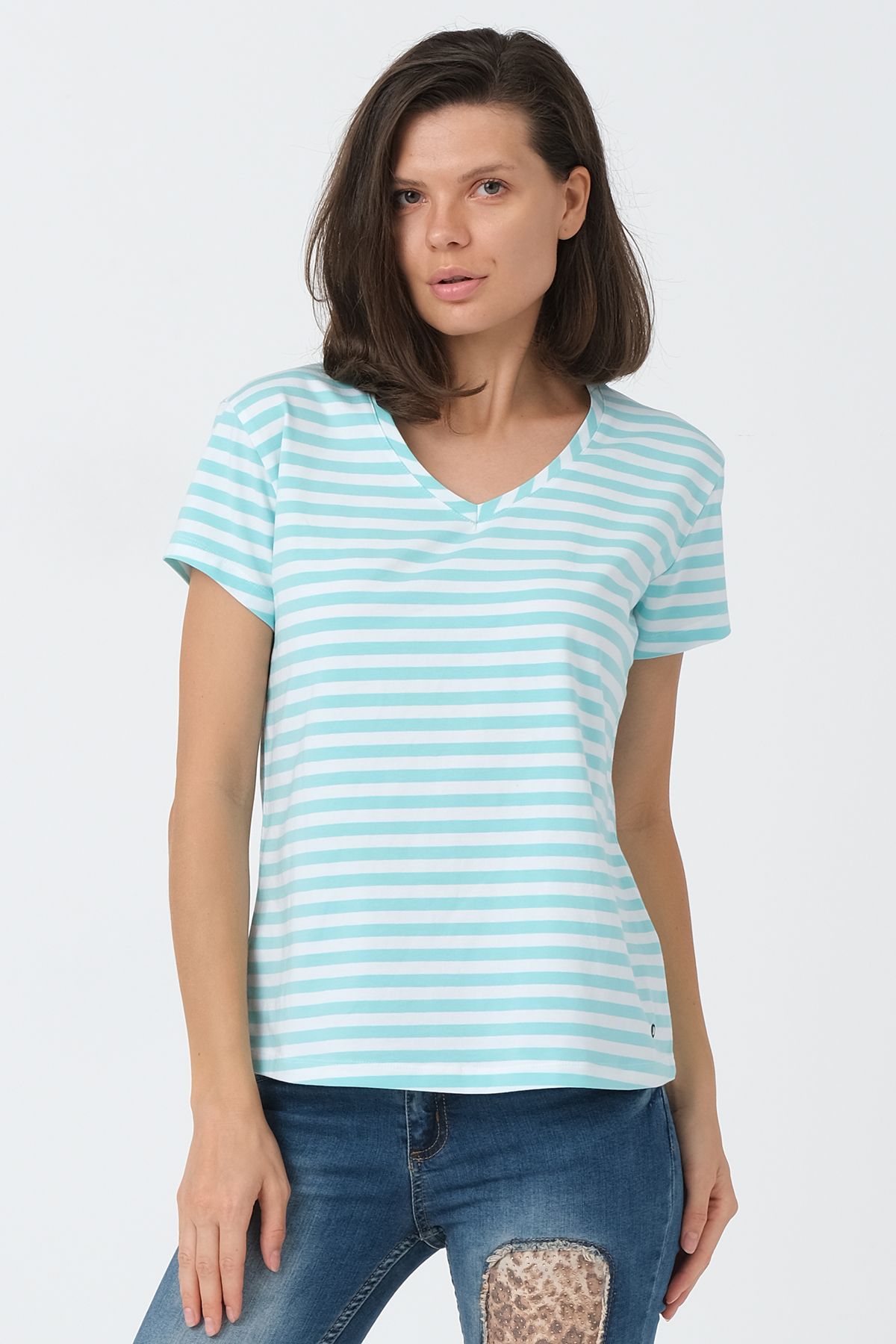 Çizgili Mint-Beyaz V Yaka Basic T-shirt ND-2003